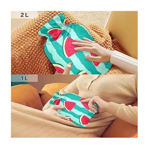  hot Water Bottles with Velvet Cover 1 Liter fashy Shoulder ice Pack for Hot and Cold Therapies Pink Red Watermelons Fruit