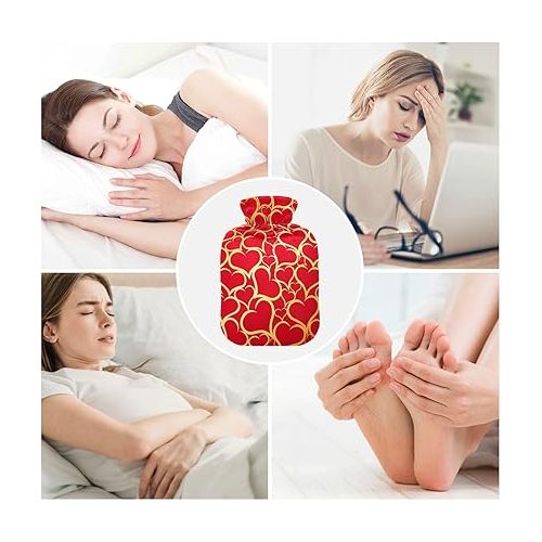  Water Bags Foot Warmer with Velvet Cover 2 L fashy ice Packs for Injuries, Hand & Feet Warmer Gold Red Hearts Happy Valentine's Day