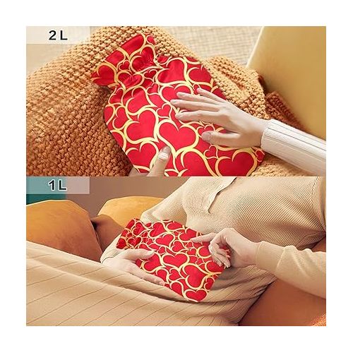  Water Bags Foot Warmer with Velvet Cover 2 L fashy ice Packs for Injuries, Hand & Feet Warmer Gold Red Hearts Happy Valentine's Day