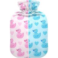 Water Bags Foot Warmer with Velvet Cover 2 L fashy ice Pack for Hot and Cold Compress, Hand Feet Pink Rubber Ducks on Blue