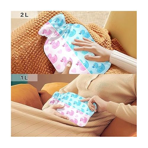  Water Bags Foot Warmer with Velvet Cover 2 L fashy ice Pack for Hot and Cold Compress, Hand Feet Pink Rubber Ducks on Blue