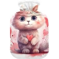 hot Water Bottle with Velvet Cover 2 L fashy ice Pack for Hot and Cold Compress, Hand Feet Happy Valentine's Day with Cute Cat