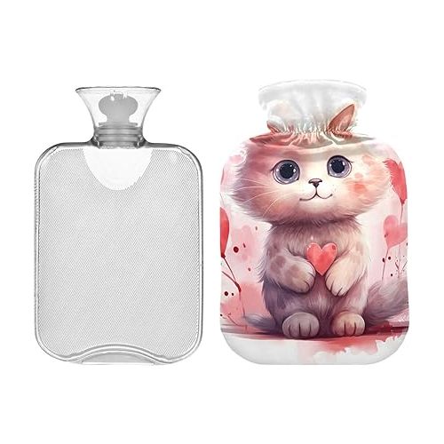  hot Water Bottle with Velvet Cover 2 L fashy ice Pack for Hot and Cold Compress, Hand Feet Happy Valentine's Day with Cute Cat