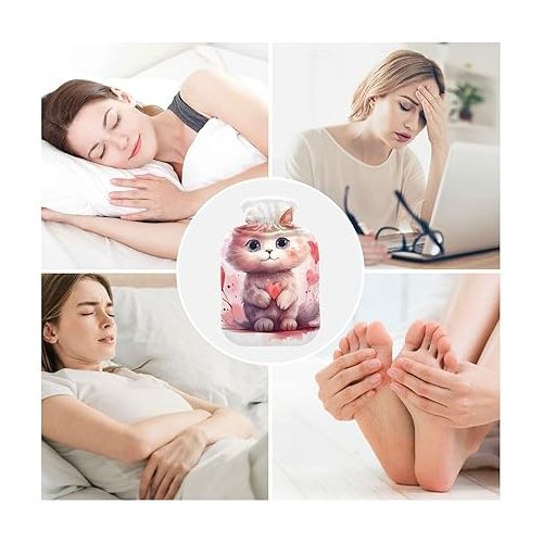  hot Water Bottle with Velvet Cover 2 L fashy ice Pack for Hot and Cold Compress, Hand Feet Happy Valentine's Day with Cute Cat