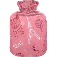 Large Water Bottle with Velvet Cover 1 Liter fashy ice Pack for Injuries, Hand & Feet Warmer Pink Romantic Paris Love Valentine's Day Eiffel Tower Streets