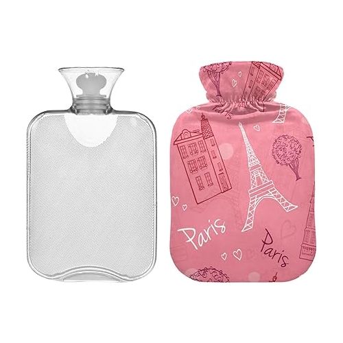  Large Water Bottle with Velvet Cover 1 Liter fashy ice Pack for Injuries, Hand & Feet Warmer Pink Romantic Paris Love Valentine's Day Eiffel Tower Streets