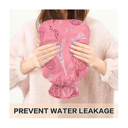  Large Water Bottle with Velvet Cover 1 Liter fashy ice Pack for Injuries, Hand & Feet Warmer Pink Romantic Paris Love Valentine's Day Eiffel Tower Streets