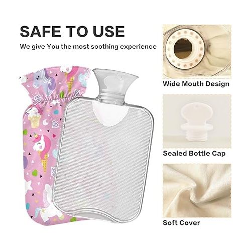  Large Water Bottle with Velvet Cover 1 Liter fashy Shoulder ice Pack for Hot and Cold Therapies s Pony Ice Cream Pattern