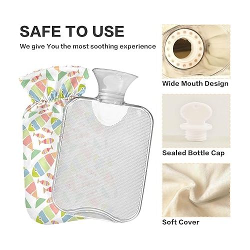  Hot Bottle Water Bag Velvet Transparent 2 L fashy ice Water Bottle for Hot and Cold Therapies Seamless Fish Pattern