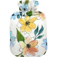 Warm Water Bottle with Velvet Cover 1 Liter fashy Shoulder ice Pack for Hot and Cold Compress, Hand Feet Light White Blue Flowers Country