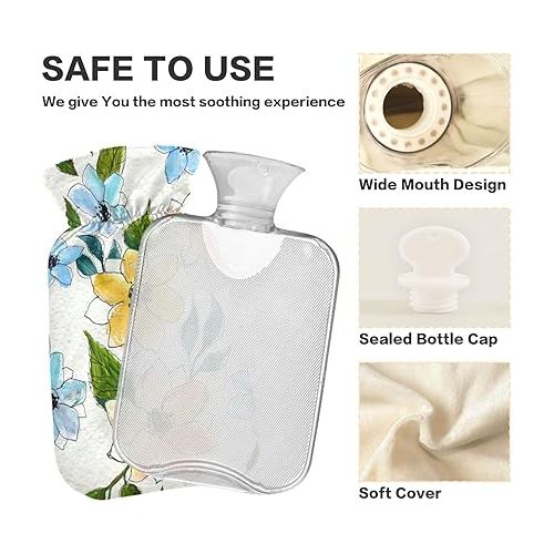  Warm Water Bottle with Velvet Cover 1 Liter fashy Shoulder ice Pack for Hot and Cold Compress, Hand Feet Light White Blue Flowers Country