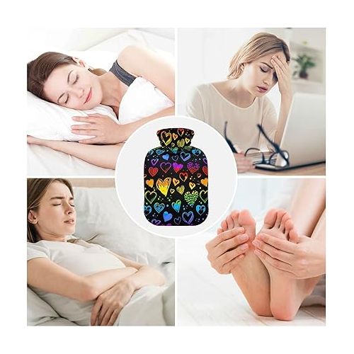  hot Water Bottles with Soft Cover 1 Liter fashy ice Pack for Hot and Cold Compress, Hand Feet Neon Pattern Happy Valentine's Day