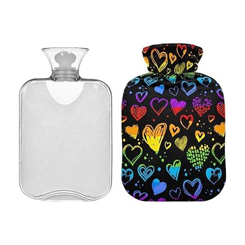  hot Water Bottles with Soft Cover 1 Liter fashy ice Pack for Hot and Cold Compress, Hand Feet Neon Pattern Happy Valentine's Day