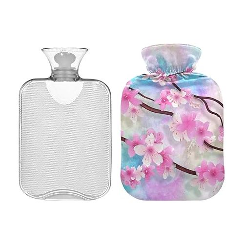 hot Water Bottle with Soft Cover 1 Liter fashy ice Packs for Injuries, Hand & Feet Warmer Colorful Spring Pink Flowers Branches