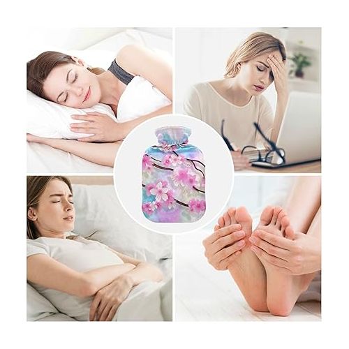  hot Water Bottle with Soft Cover 1 Liter fashy ice Packs for Injuries, Hand & Feet Warmer Colorful Spring Pink Flowers Branches