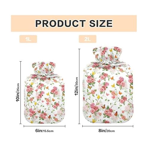  hot Water Bottles with Soft Cover 1 Liter fashy Shoulder ice Pack for Bed, Kids Men & Women Roses and Flying Butterflies