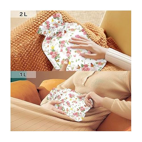  hot Water Bottles with Soft Cover 1 Liter fashy Shoulder ice Pack for Bed, Kids Men & Women Roses and Flying Butterflies