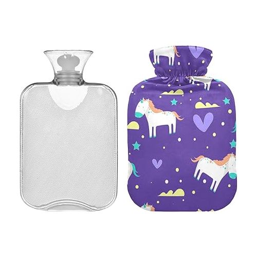  hot Water with Soft Cover 2 L fashy ice Water Bottle for Pain Relief, Menstrual Cramps Unicorns Cloud Heart Purple