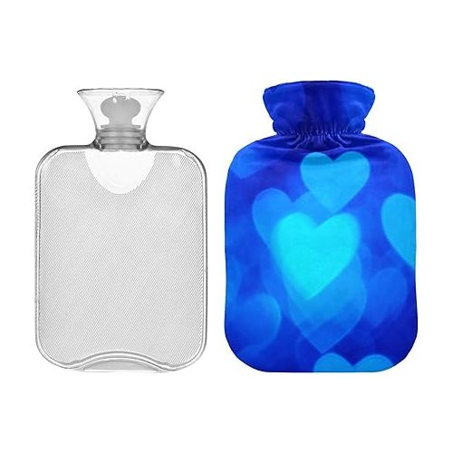  hot Water Bottle with Velvet Cover 2 L fashy Shoulder ice Pack for Hot and Cold Therapies Heart Photo Blue Color Happy Valentine's Day