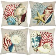 [아마존 핫딜] [아마존핫딜]Coral Sea Shells Decorative Throw Pillow Covers 18 x 18 Inch Set of 4, ZUEXT Cotton Linen Burlap Square Indoor Outdoor Cushion Cover Pillowcase, Ocean Theme Nautical Pillow Case fo