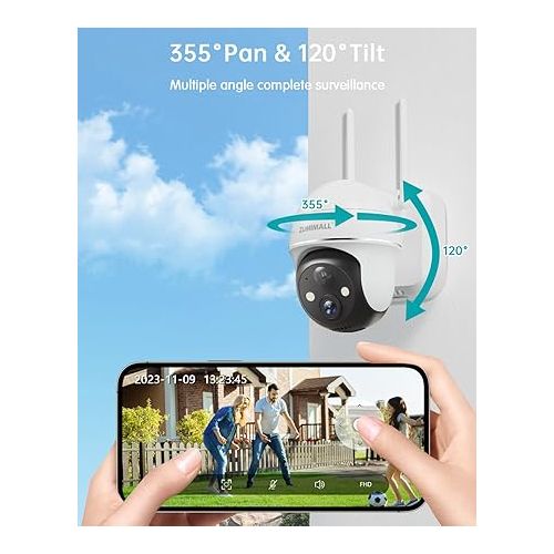  ZUMIMALL Security Cameras Wireless Outdoor WiFi with 360° PTZ, 2K Battery Powered Cameras for Home Surveillance, Spotlight & Siren/PIR Detection/3MP Color Night Vision/2-Way Talk/IP66/Cloud/SD