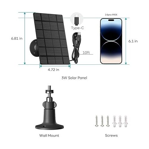  ZUMIMALL Solar Panel for Outdoor Camera Wireless Camera,X2/X1/F5, IP66 Waterproof Solar Panel with 10Ft Type C Charge Cable, Power Supply for Security Camera（Type C Port）