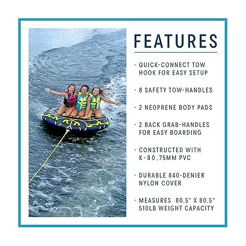  ZUP Xtra 2 & 3 Person Towable Heavy Duty Deck 6-Handle Tube for Boating with Quick-Connect Tow Hook | Full Nylon Cover, Neoprene Body Pads