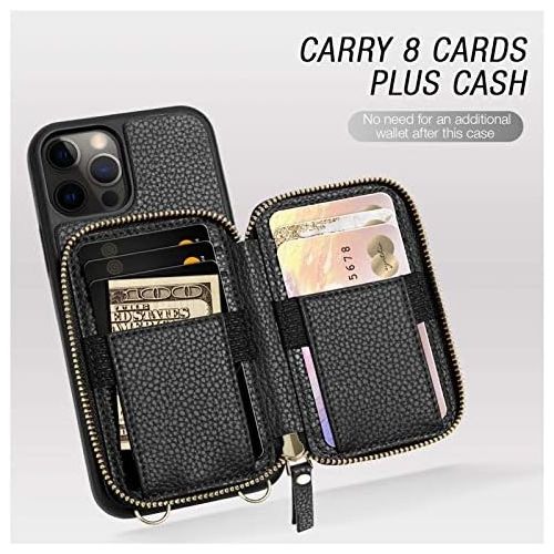  [아마존베스트]ZVE Wallet Case Compatible with iPhone 12 Pro Max, 6.7 inch, Zipper Crossbody Phone Case with Card Holder Wrist Strap Purse Cover Compatible with iPhone 12 Pro Max, 6.7 inch-Black