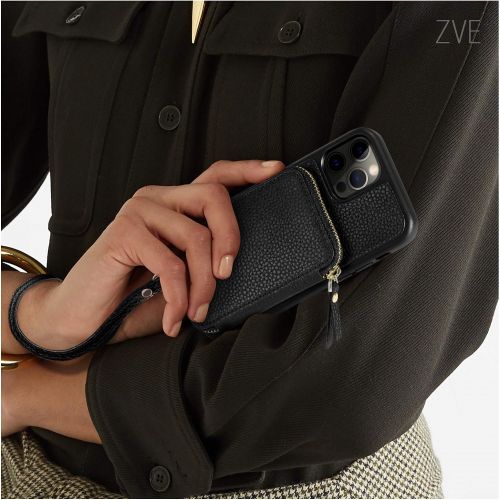  [아마존베스트]ZVE Wallet Case Compatible with iPhone 12 Pro Max, 6.7 inch, Zipper Crossbody Phone Case with Card Holder Wrist Strap Purse Cover Compatible with iPhone 12 Pro Max, 6.7 inch-Black