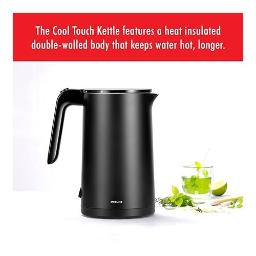  ZWILLING Enfinigy Cool Touch 1.5-Liter Electric Kettle, Cordless Tea Kettle & Hot Water, Black