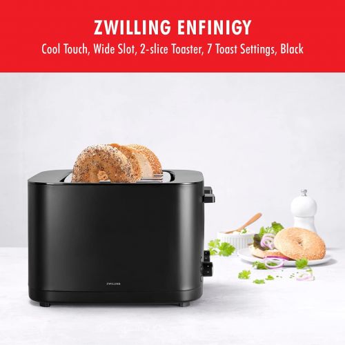  Zwilling Enfinigy Cool Touch Toaster 2 Slice with Extra Wide 1.5 Slots for Bagels, 7 Toast Settings, Even Toasting, Reheat, Cancel, Defrost, Black