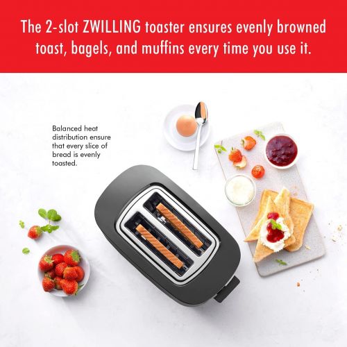  Zwilling Enfinigy Cool Touch Toaster 2 Slice with Extra Wide 1.5 Slots for Bagels, 7 Toast Settings, Even Toasting, Reheat, Cancel, Defrost, Black