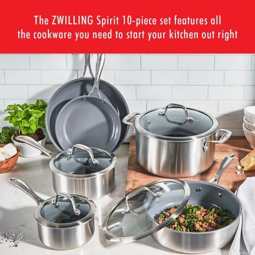  ZWILLING Spirit Ceramic Nonstick 10-pc Cookware Set, Dutch Oven, Fry Pan, Saucepan, Stainless Steel