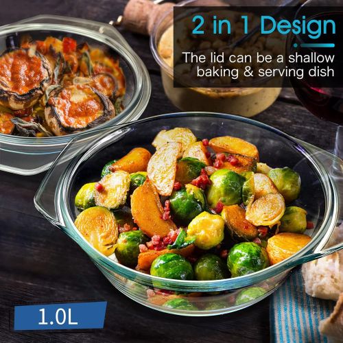  ZYER Round Glass Casserole With Glass Lid Covered Glass Bakeware Ovenware Easy Grab Glass Microwave Bowls with Glass Lid (1L)