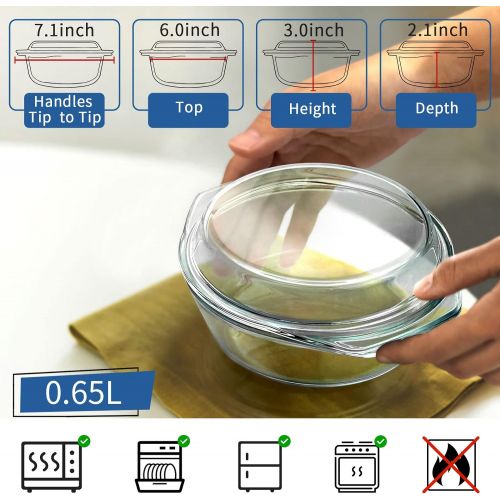  ZYER Small Glass Casserole Dish With Glass Lid Round Glass Microwave Safe Bowls with Lids, Glass Microwavable Bowls (0.65L)