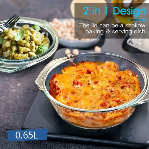  ZYER Small Glass Casserole Dish With Glass Lid Round Glass Microwave Safe Bowls with Lids, Glass Microwavable Bowls (0.65L)