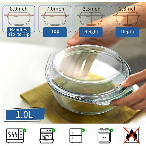  [아마존베스트]ZYER Clear Round Glass Casserole With Lid Glass Bakeware Easy Grab Baking Dish, Microwave, Oven, Freezer, and Dishwasher Safe (1L)