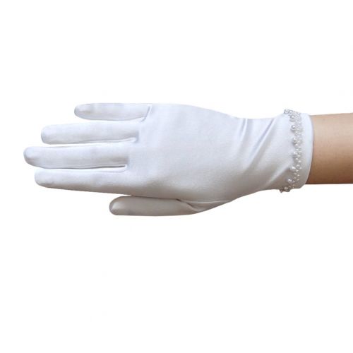  ZaZa Bridal Girls Satin Gloves with Pearl Bead Edging Around The Wrist/White