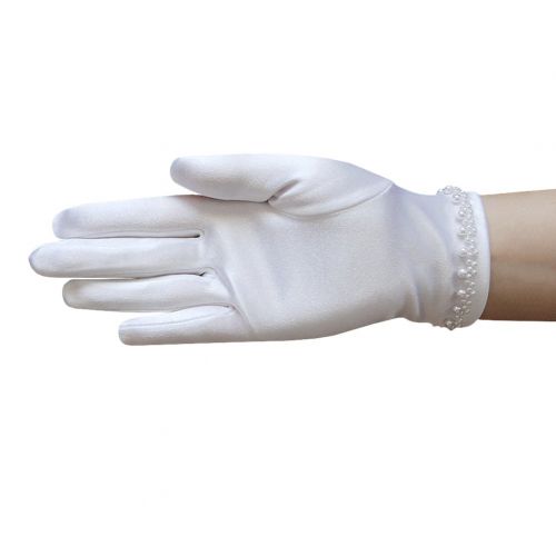  ZaZa Bridal Girls Satin Gloves with Pearl Bead Edging Around The Wrist/White