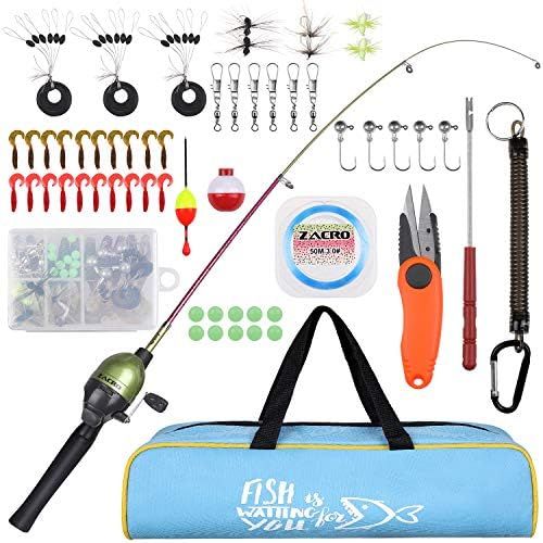  [아마존베스트]Zacro Fishing set for children, fishing rod, fishing rod, 59 piece set with portable telescopic trout colour fishing rod and fishing reel, complete set.