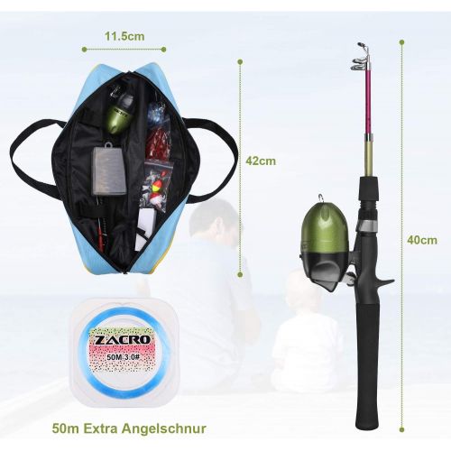  [아마존베스트]Zacro Fishing set for children, fishing rod, fishing rod, 59 piece set with portable telescopic trout colour fishing rod and fishing reel, complete set.