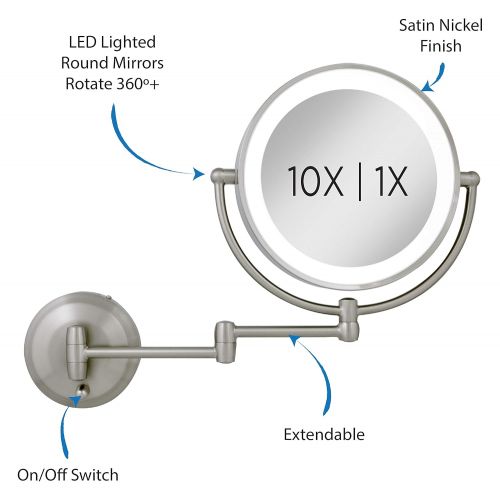  Zadro 10X/1X Magnification Next Generation LED Lighted Wall Mount Mirror, Satin Nickel