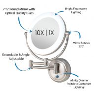 Zadro Surround Lighted Dimmable Sunlight 10X/1X Magnification Wall Mount Bathroom Makeup Grooming Mirror with 10.5 Extendable Arm (Hardwire Only), Satin Nickel