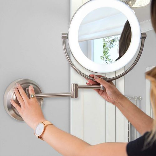  Zadro Surround Lighted Dimmable Sunlight 10X/1X Magnification Wall Mount Bathroom Makeup Grooming Mirror with 10.5 Extendable Arm (Hardwire Only), Satin Nickel