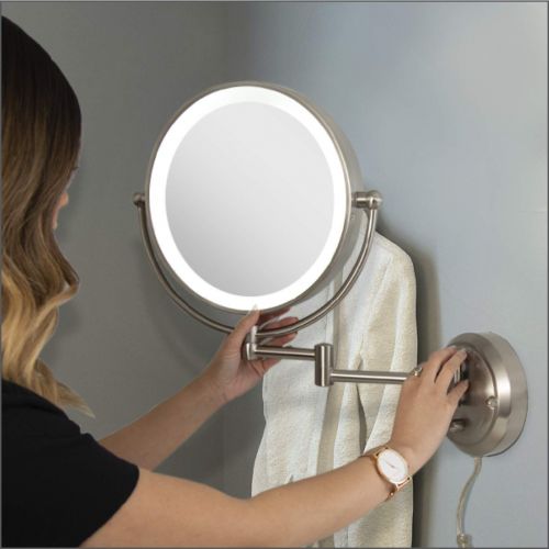  Zadro Extra Large Premium Glamour Dual-Sided 5X/1X Magnification Wall Mount 12-inch Dimmable Bathroom Makeup Mirror, Satin Nickel