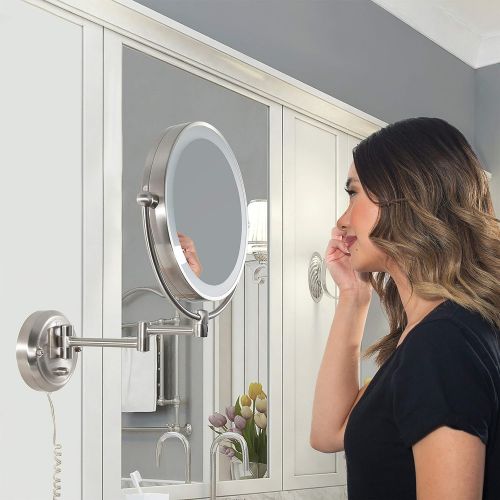  Zadro Extra Large Premium Glamour Dual-Sided 5X/1X Magnification Wall Mount 12-inch Dimmable Bathroom Makeup Mirror, Satin Nickel