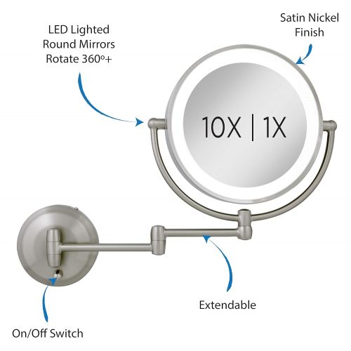  [아마존베스트]Zadro 10X/1X Magnification Next Generation LED Lighted Wall Mount Mirror, Satin Nickel