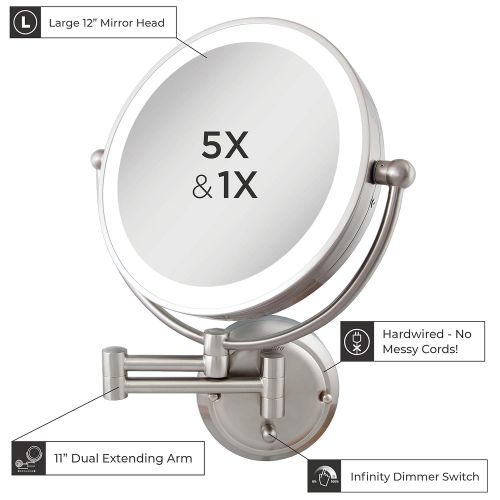  Zadro 5X Flurescent Surround Glamour Mirror Round Double Sided Dual Arm Hard Wire Ready, Satin Nickel, 14 inches