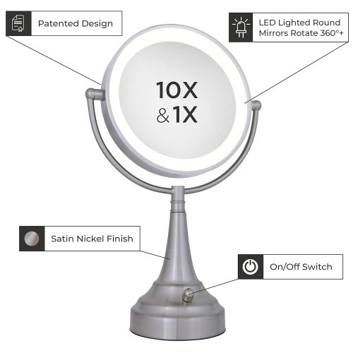  Zadro 10x Mag Next Generation LED Cordless Double Sided Round Vanity Mirror, 11-Inch, Satin Nickel Finish