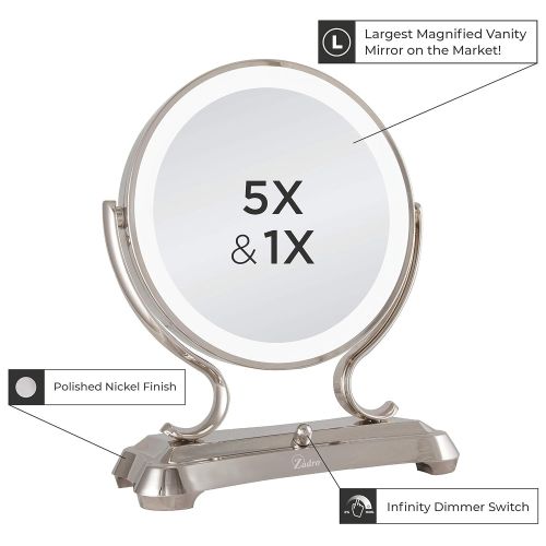  Zadro Polished Nickel Surround Light Dual Sided Glamour Vanity Mirror, 5X  1X Magnification